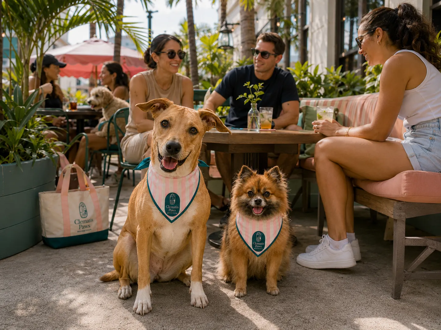 Illustrated Clematis Paws brand scene with neighborhood gathering energy