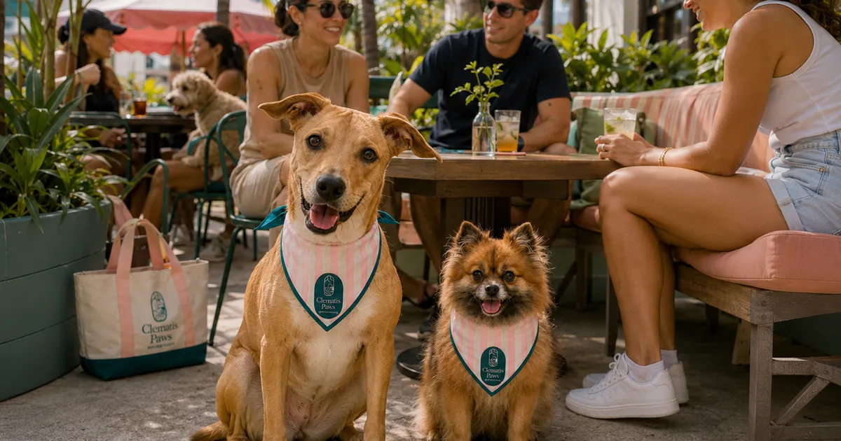 Clematis Paws brand story moment with Zoey, a Pomeranian/Papillon mix, and Riri, a tan dog, welcoming neighbors together
