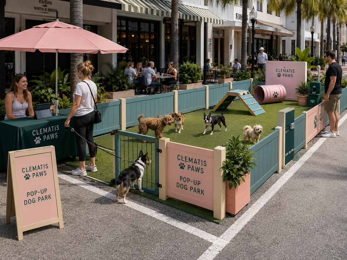 Two-space pop-up concept rendering showing modular dog park activation