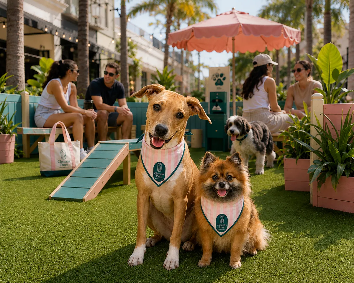 Zoey, a Pomeranian/Papillon mix, and Riri, a tan dog, at a Clematis Paws neighborhood preview